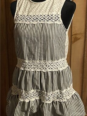 English Factory Black and White Striped Crochet Trim Mini Dress
